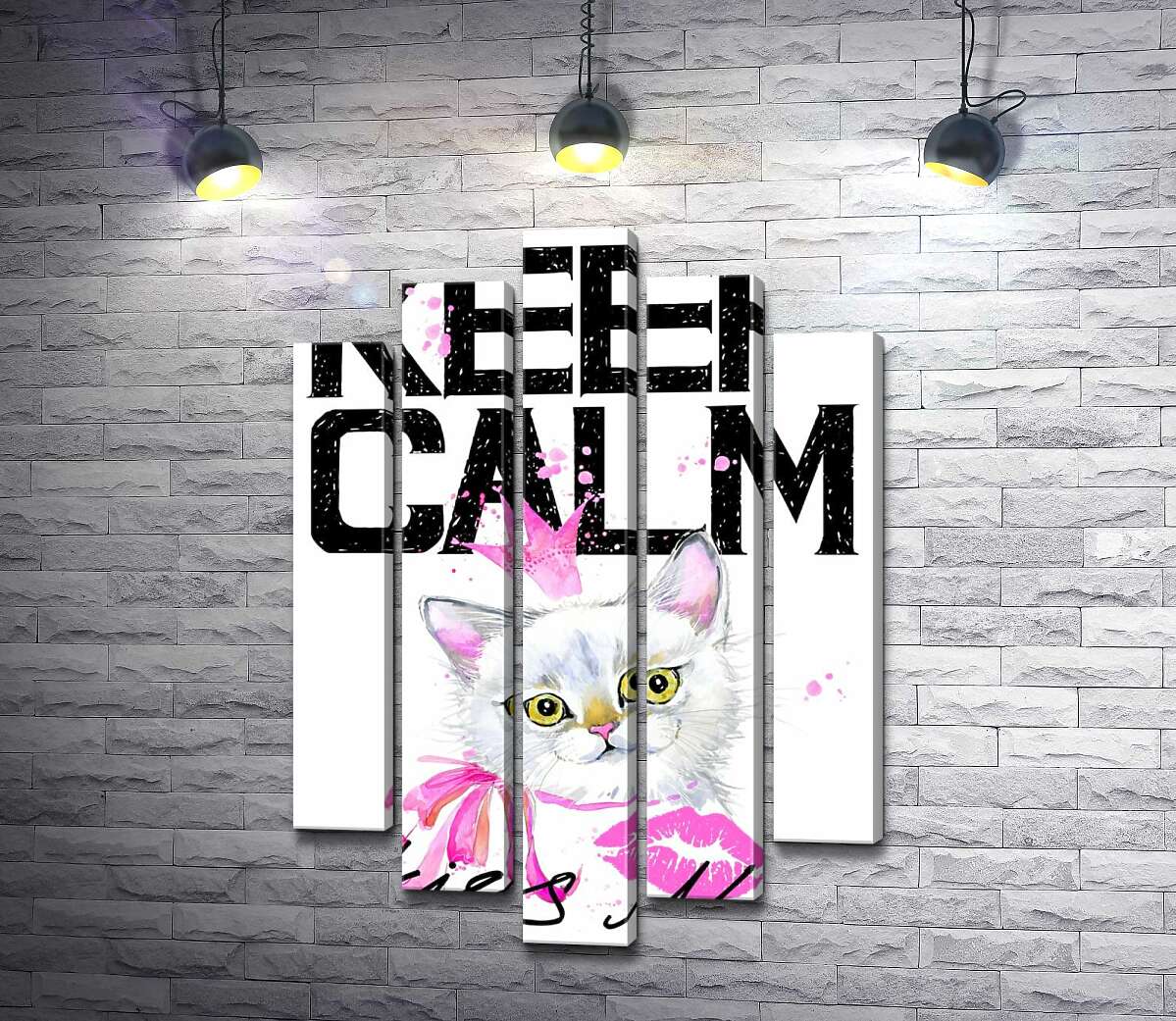 модульная картина Белая кошка-принцесса среди надписи "keep calm and kiss me" (Модуль №4)