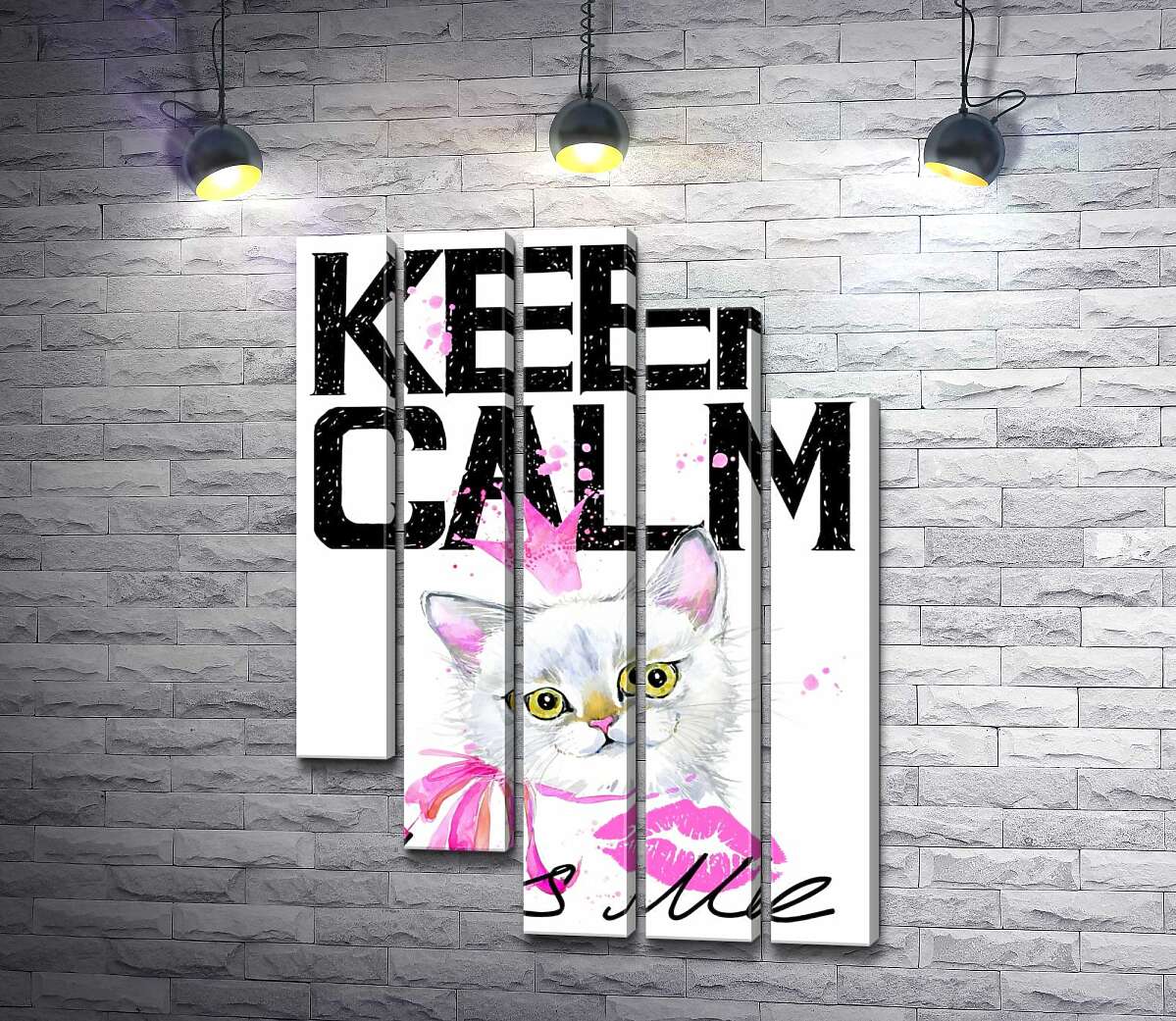 модульна картина Біла кішка-принцеса серед напису "keep calm and kiss me" (Модуль №28)