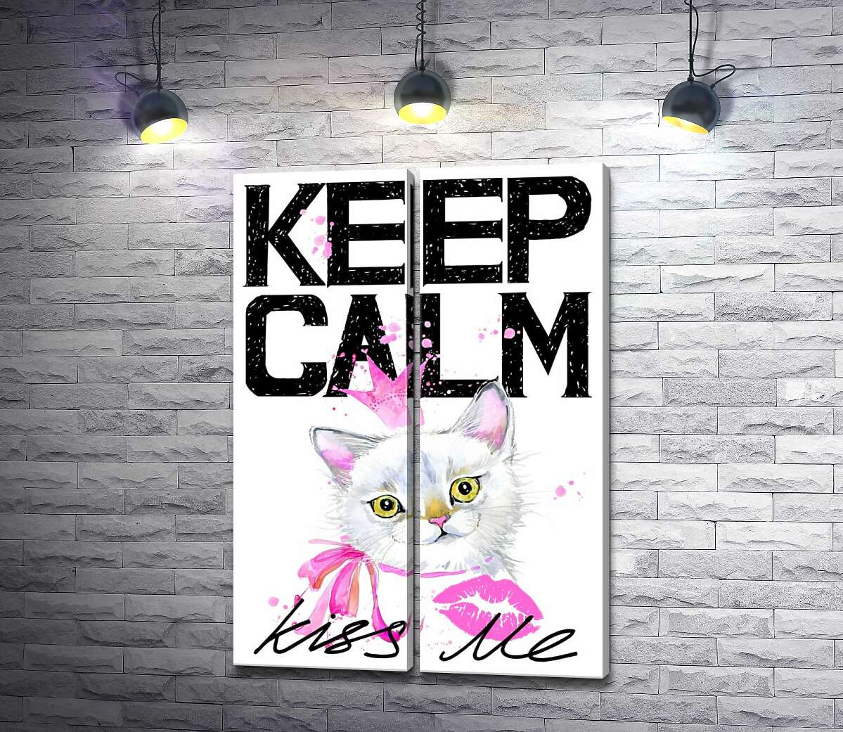 модульна картина Біла кішка-принцеса серед напису "keep calm and kiss me"