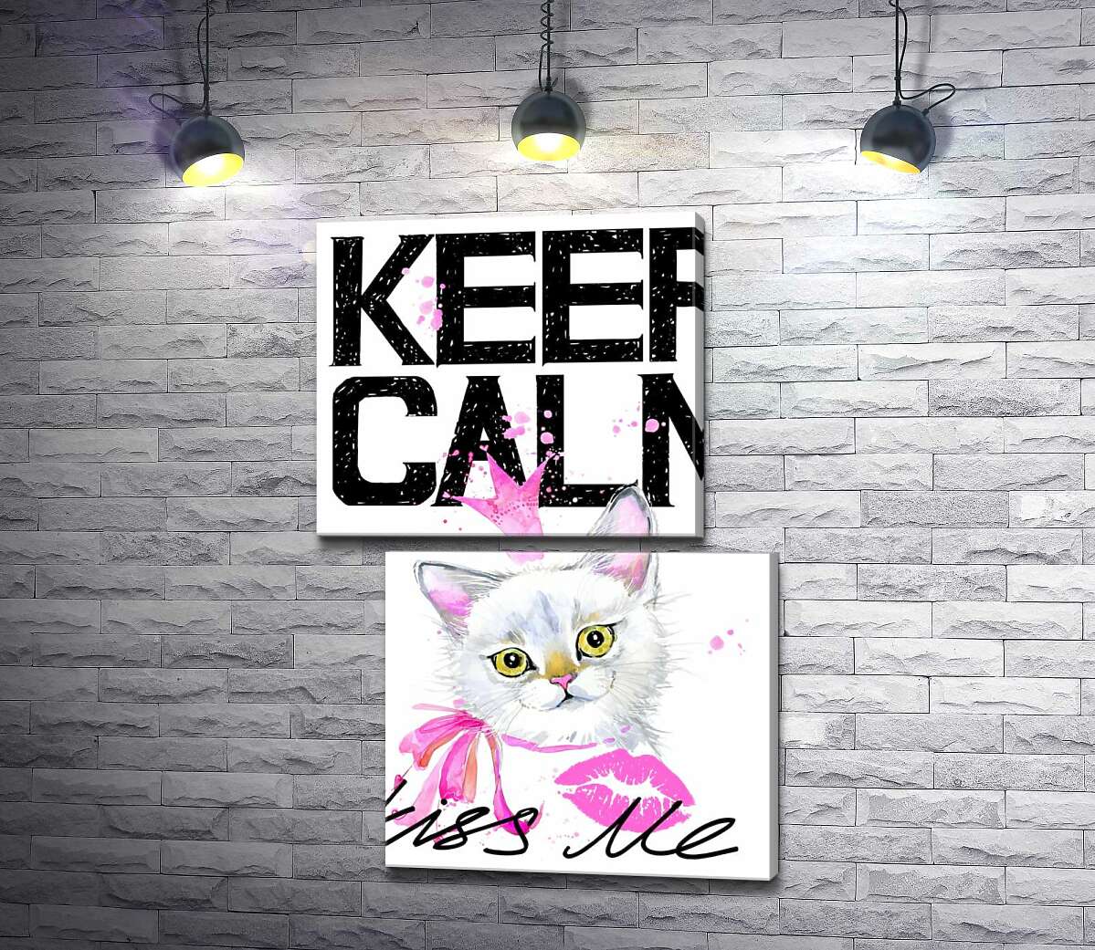 модульна картина Біла кішка-принцеса серед напису "keep calm and kiss me" (Модуль №8)