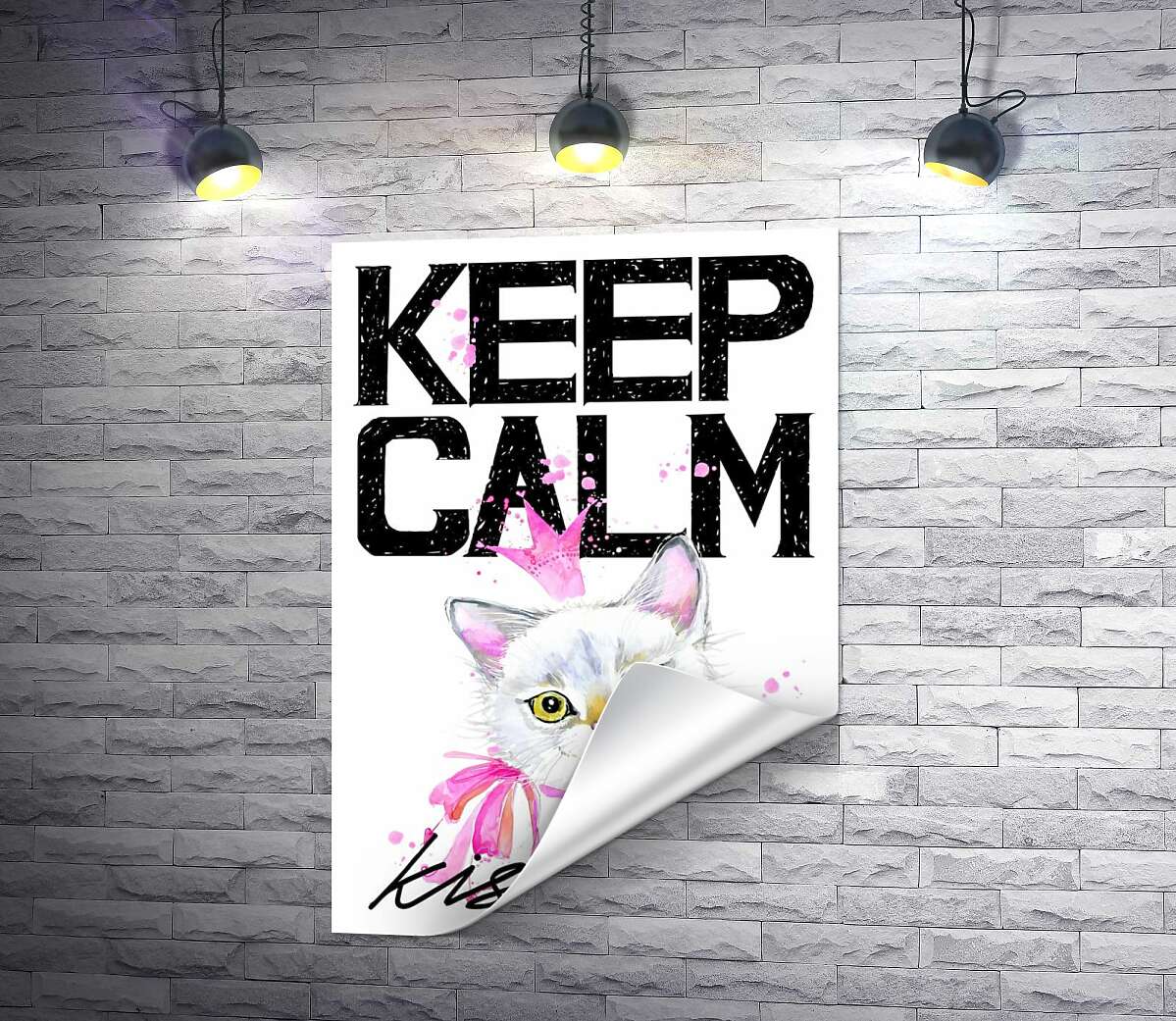 печать Белая кошка-принцесса среди надписи "keep calm and kiss me"