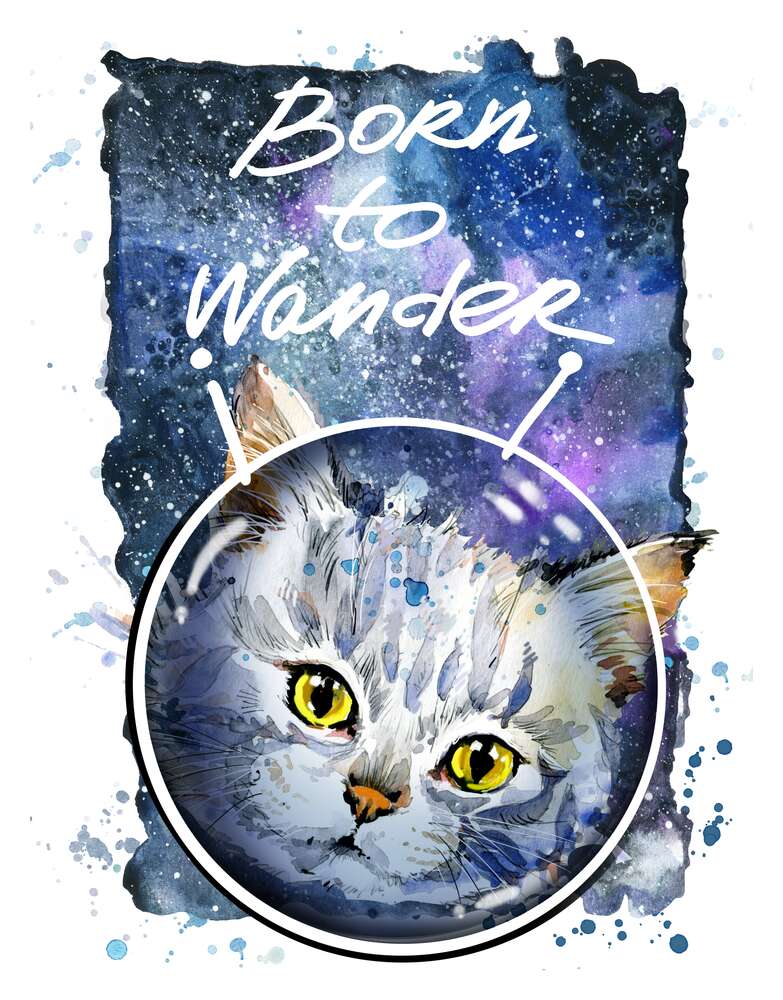 картина-постер Серый кот на космическом фоне с надписью "born to wander"