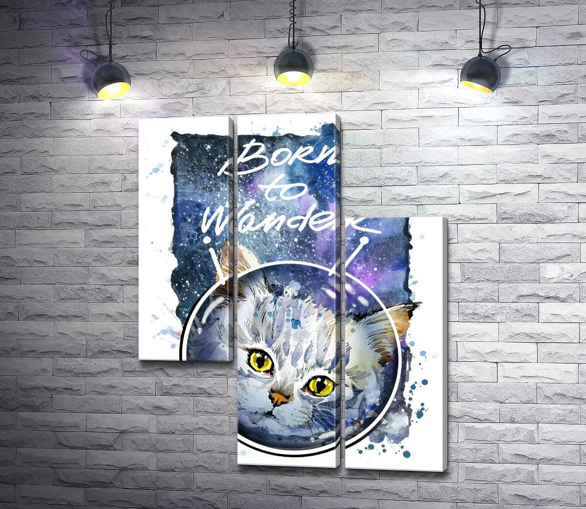 модульная картина Серый кот на космическом фоне с надписью "born to wander" (Модуль №13)