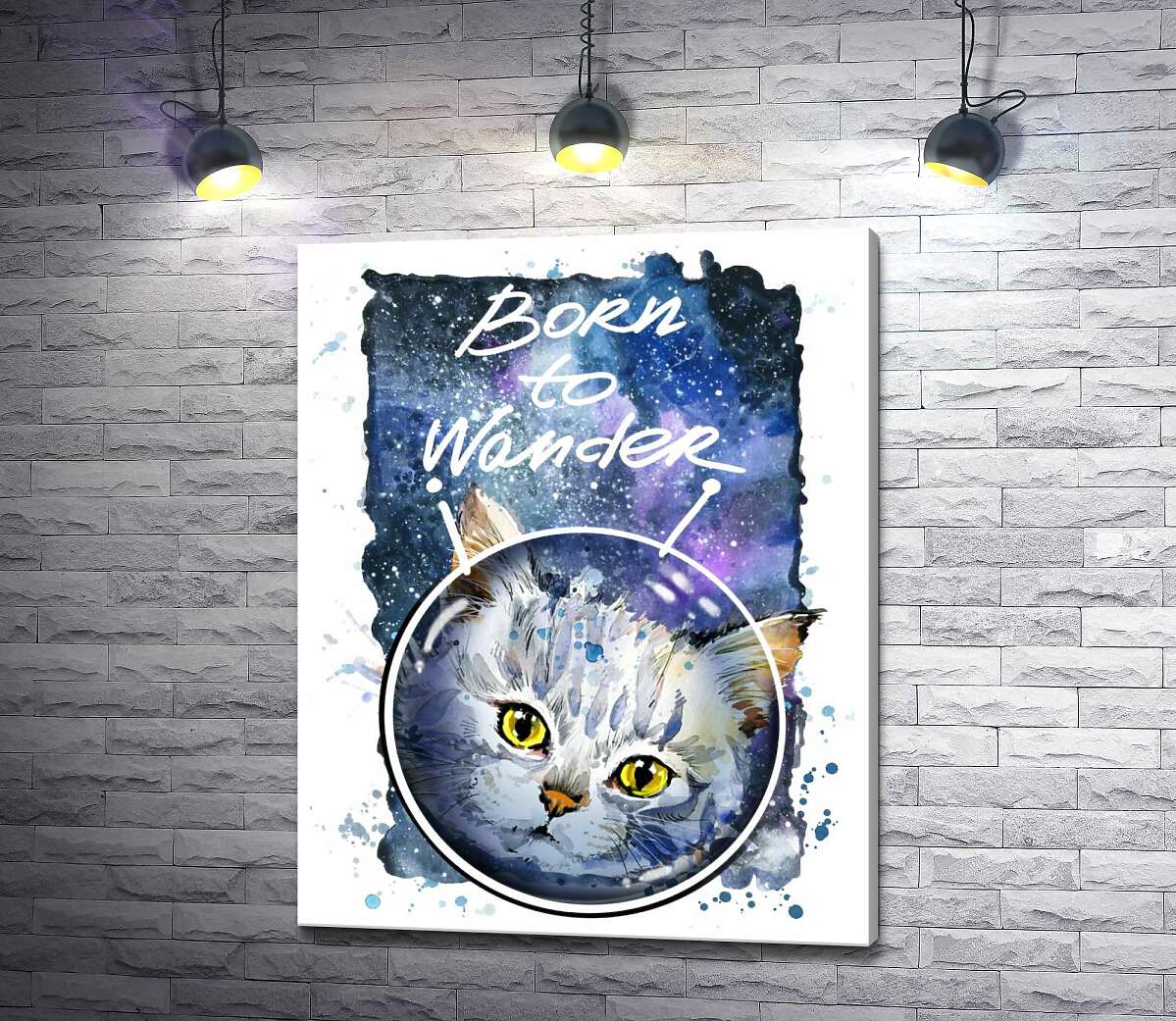 картина Серый кот на космическом фоне с надписью "born to wander"