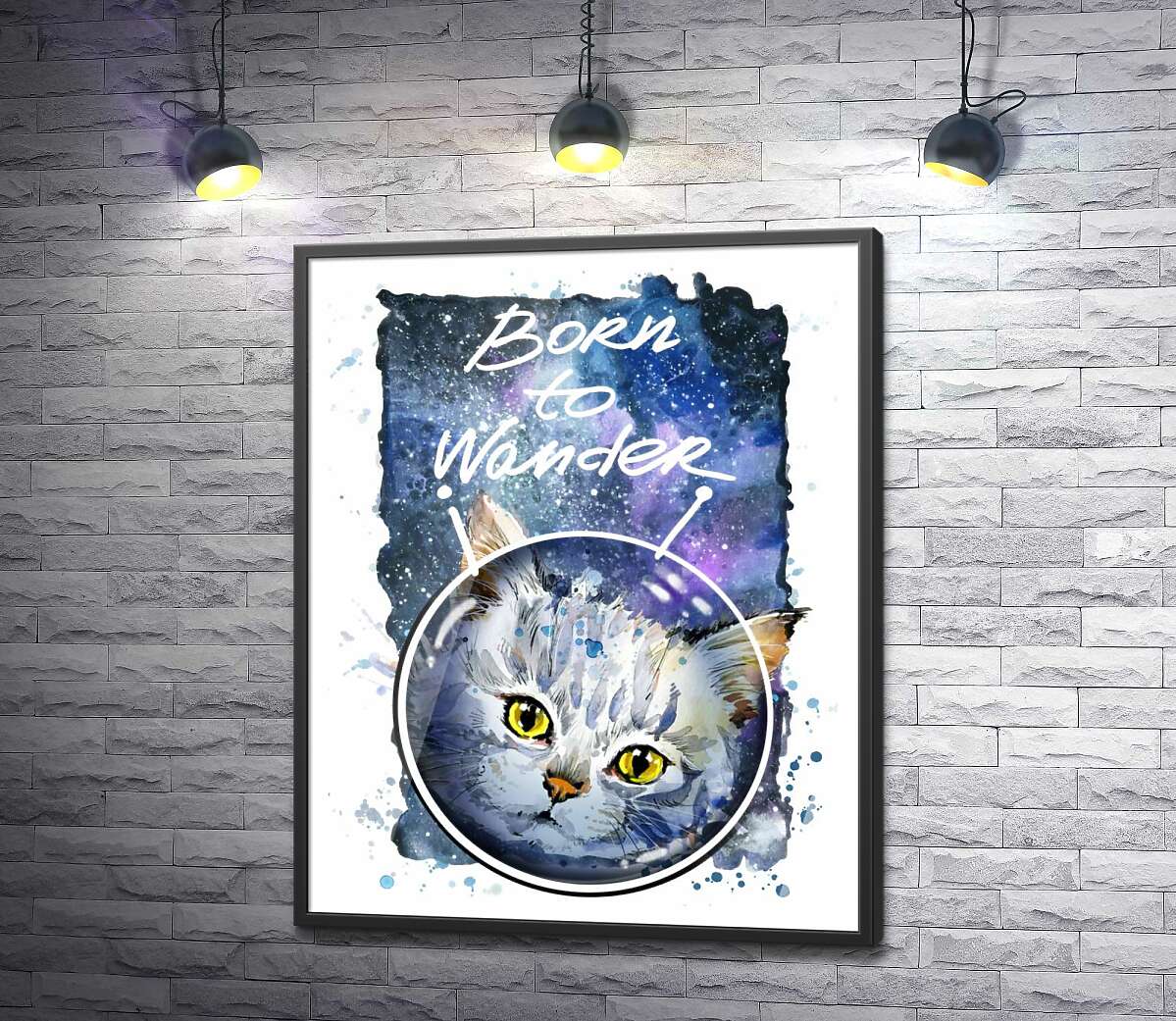 постер Серый кот на космическом фоне с надписью "born to wander"
