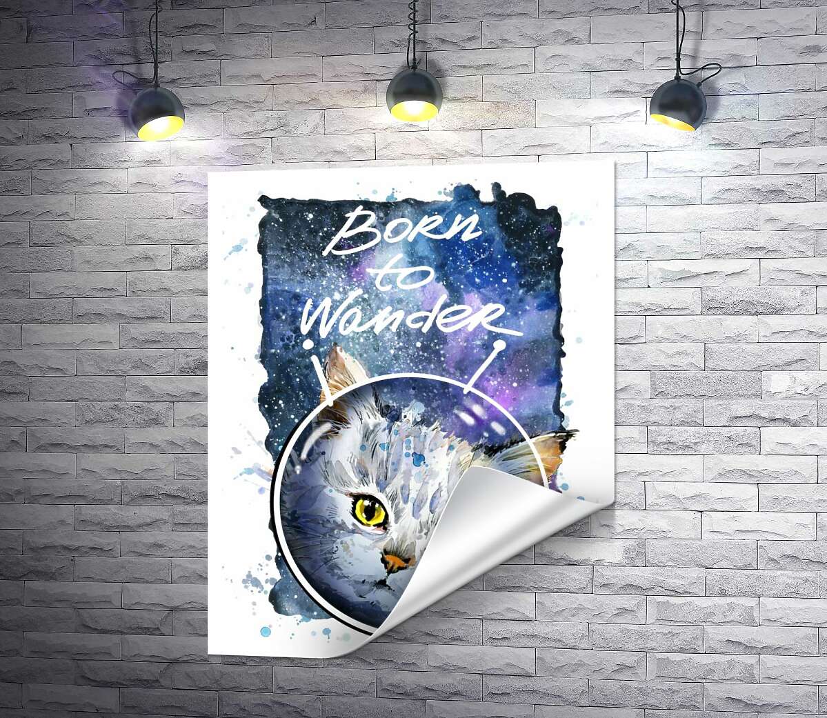 друк Сірий кіт на космічному фоні з написом "born to wander"