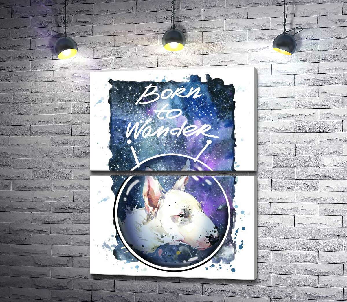 модульная картина Белый бультерьер в шлеме космонавта под надписью "born to wander" (Модуль №7)