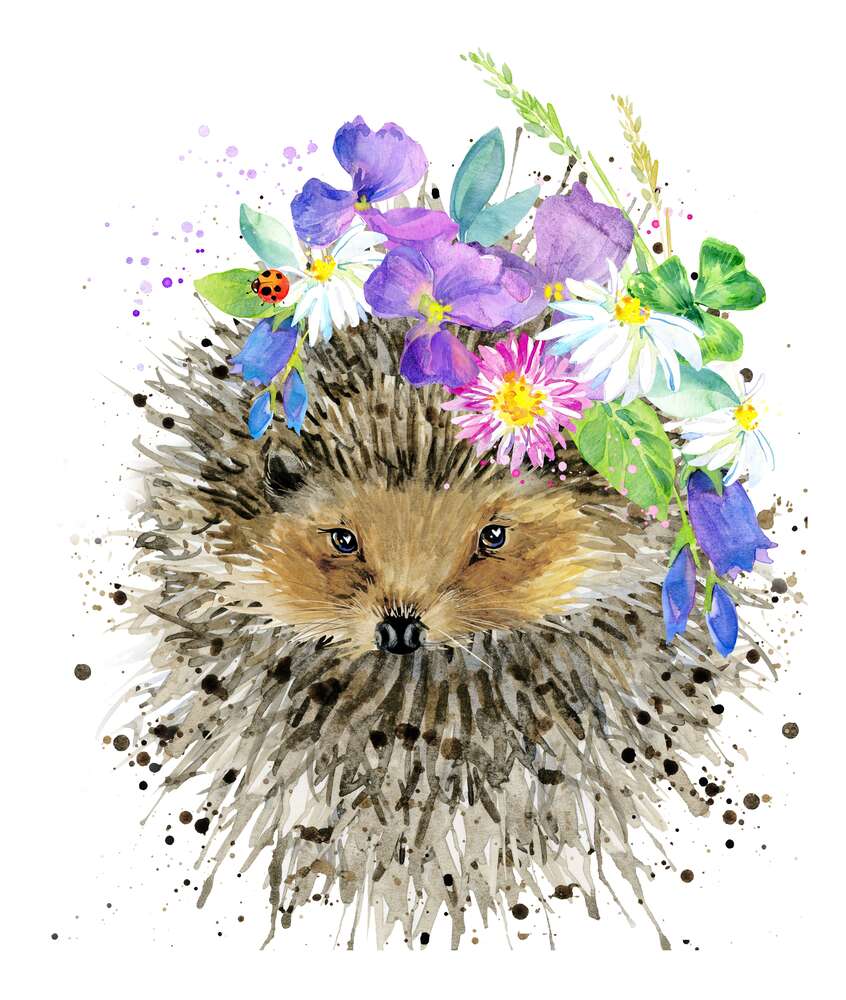 картина-постер Букет лісових квітів примостився на голові їжака