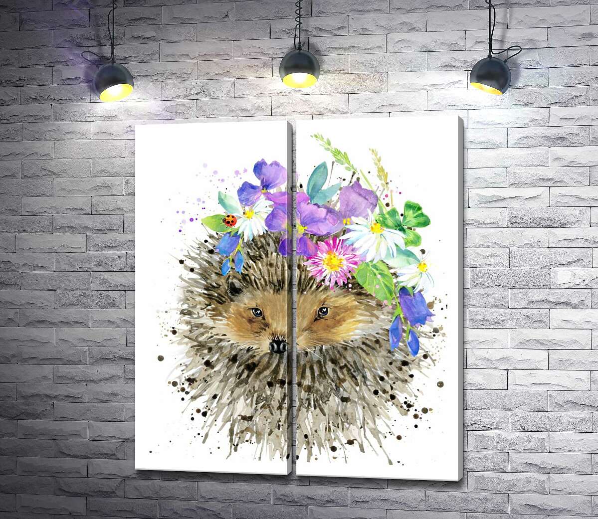 модульна картина Букет лісових квітів примостився на голові їжака