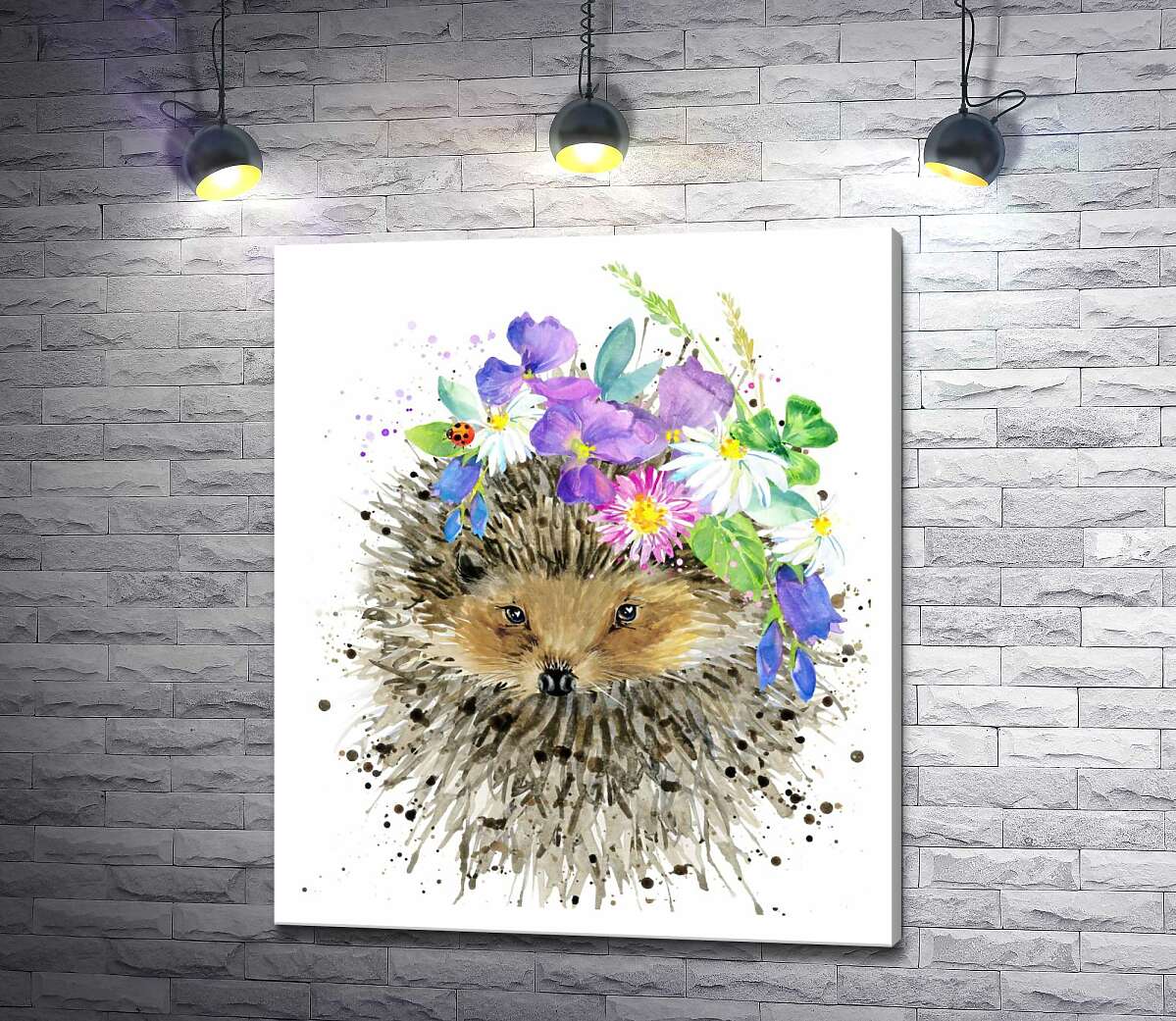 картина Букет лісових квітів примостився на голові їжака
