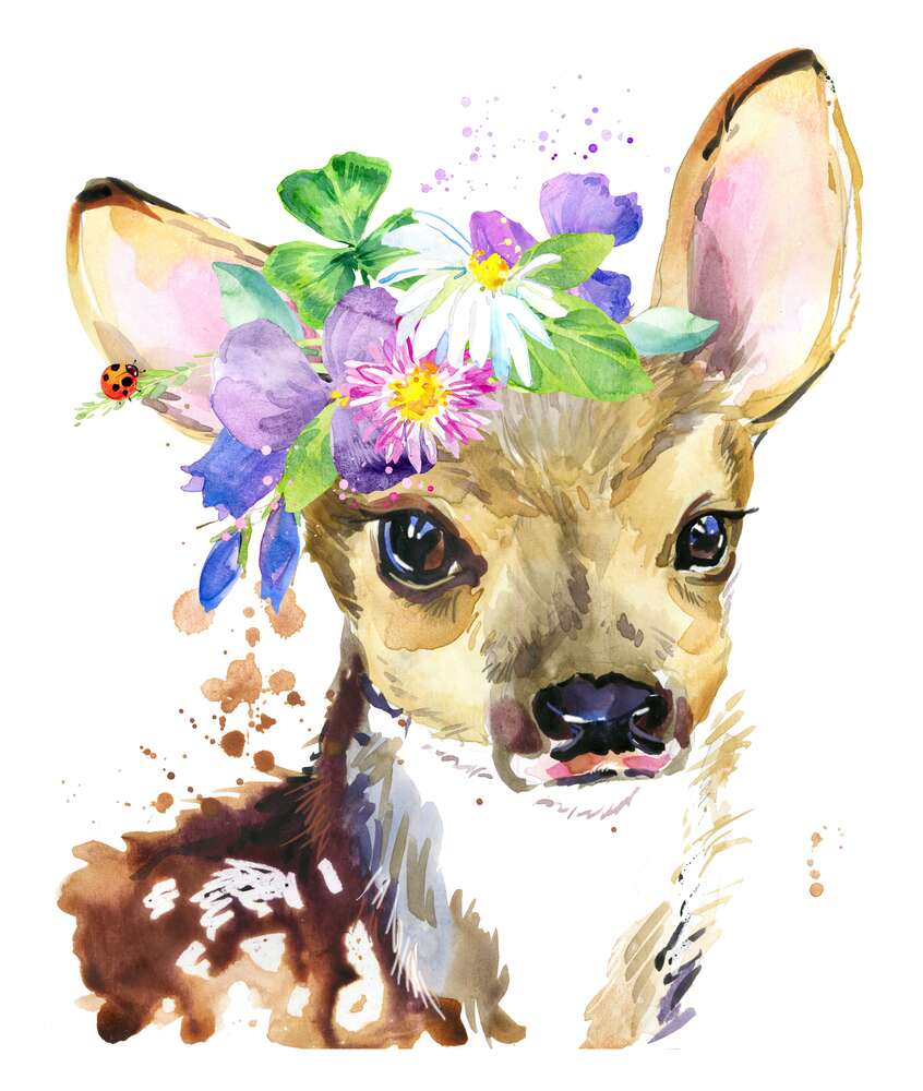 картина-постер Олененок с букетом полевых цветов возле уха