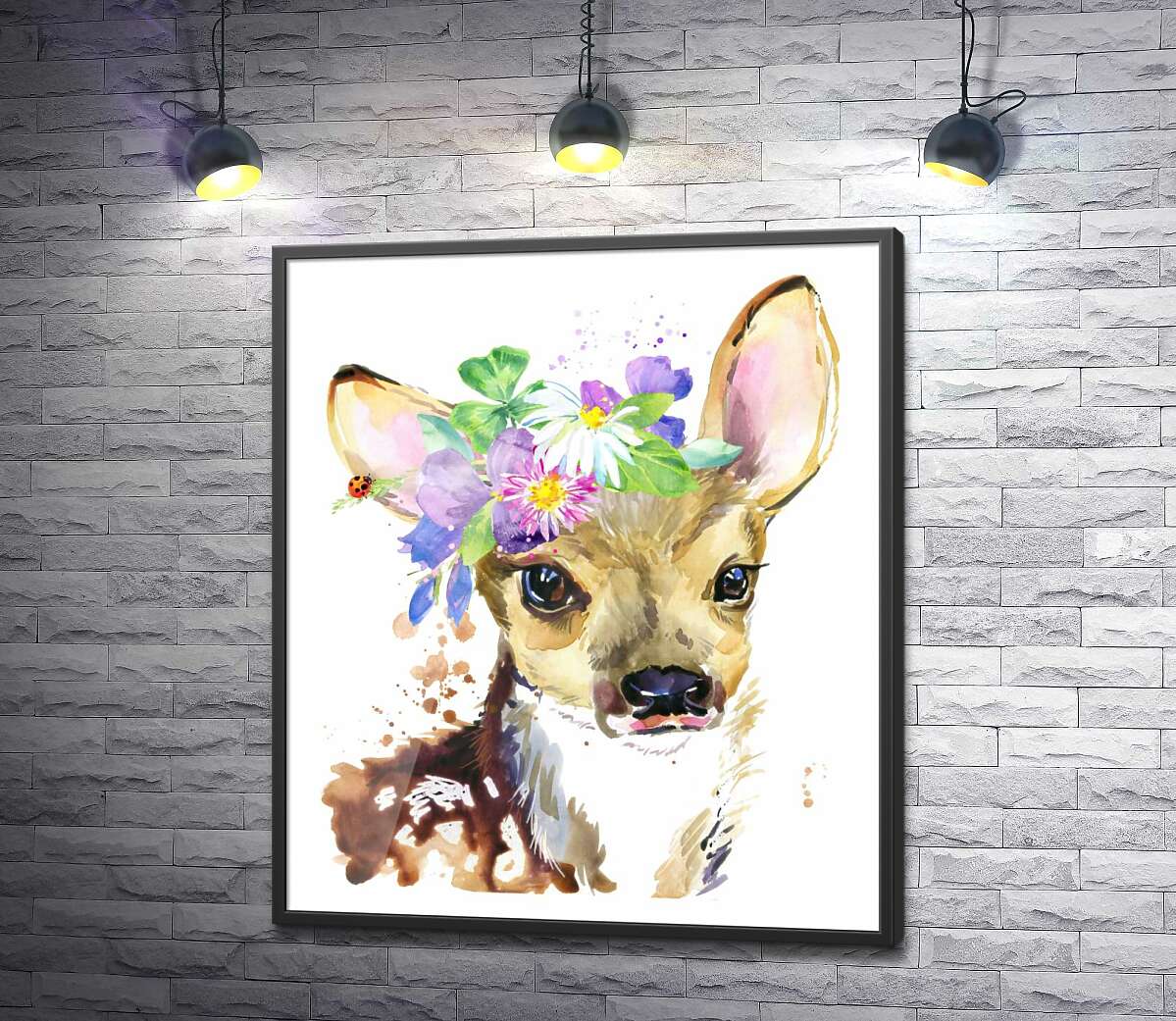 постер Оленя з букетом польових квітів біля вуха