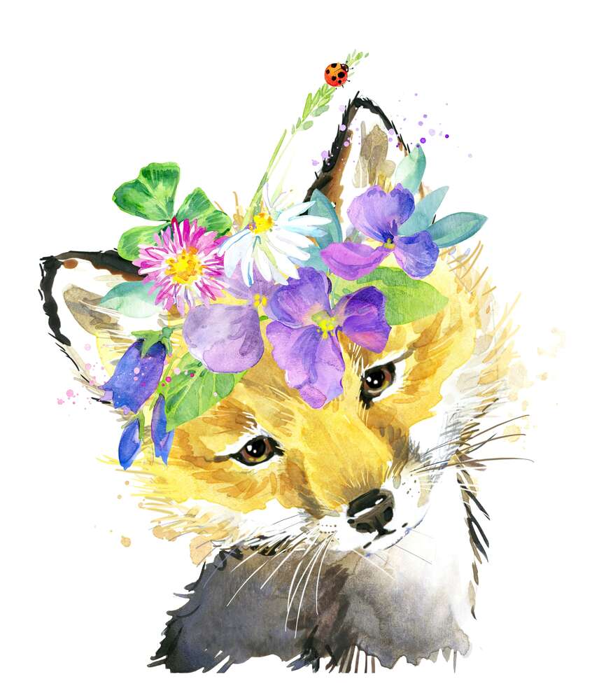 картина-постер Лиса в венке из полевых цветов