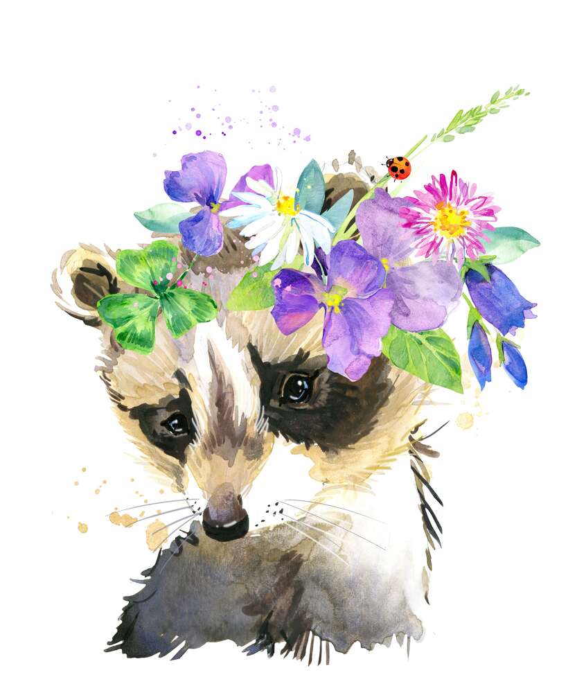 картина-постер Маківка єнота прикрашена вінком квітів