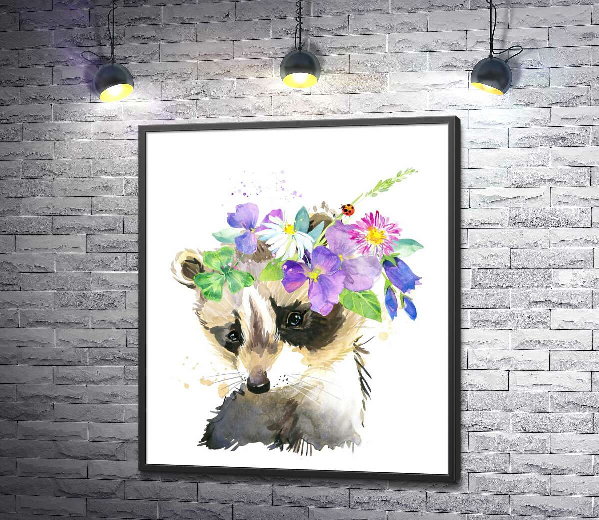 постер Маківка єнота прикрашена вінком квітів