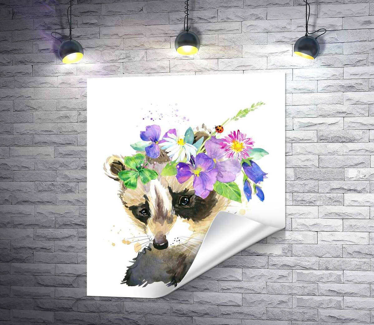 друк Маківка єнота прикрашена вінком квітів