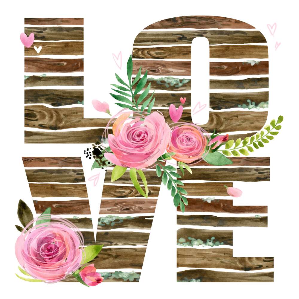 картина-постер Деревянные буквы "love" украшены розами