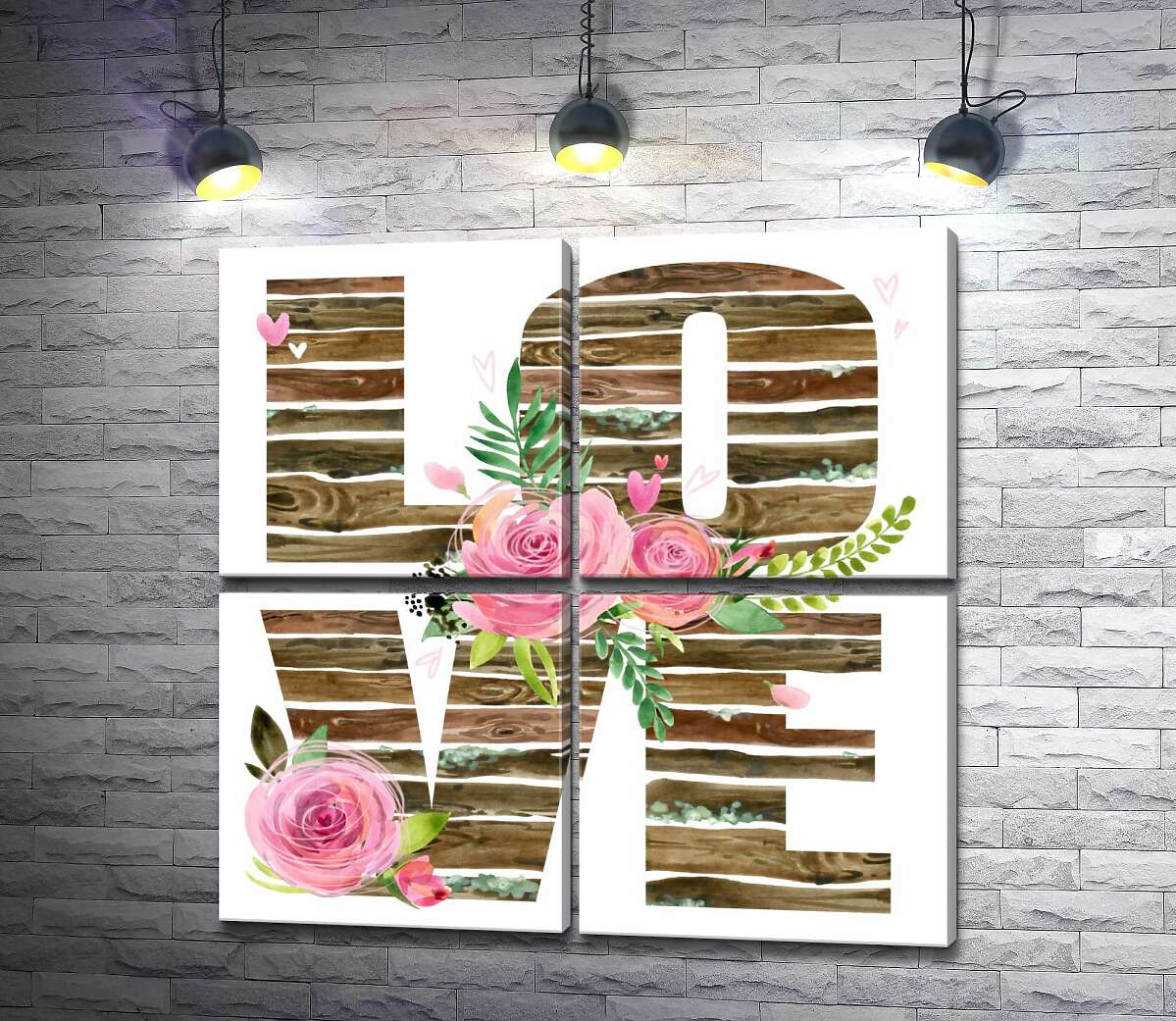 модульна картина Дерев'яні літери "love" прикрашені трояндами (Модуль №25)