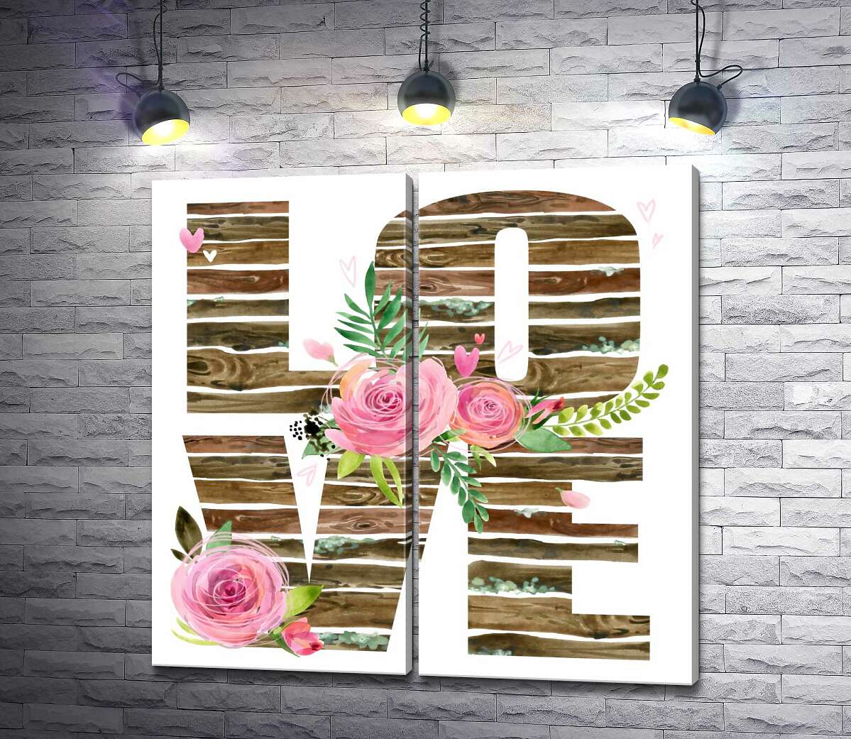 модульна картина Дерев'яні літери "love" прикрашені трояндами