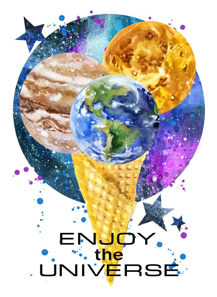 картина-постер Рожок мороженого с планетами и надписью "enjoy the universe"