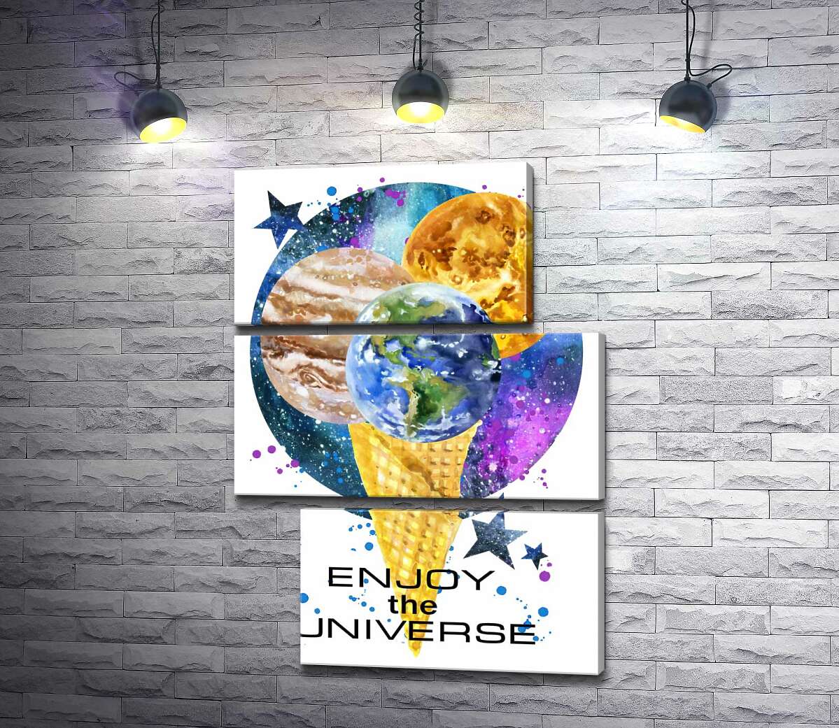 модульна картина Ріжок морозива з планетами та написом "enjoy the universe" (Модуль №16)