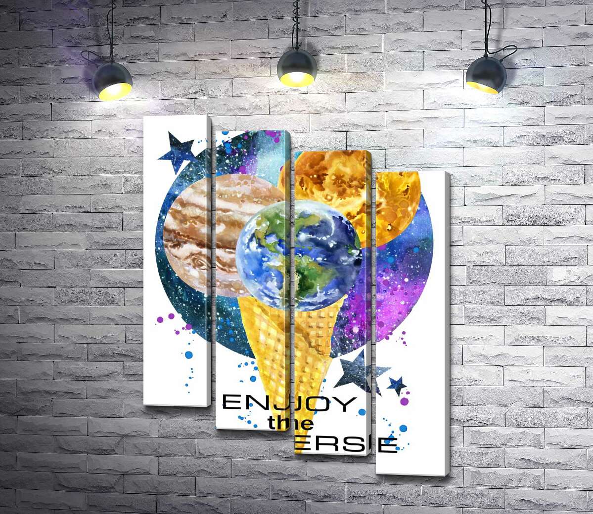 модульна картина Ріжок морозива з планетами та написом "enjoy the universe" (Модуль №19)
