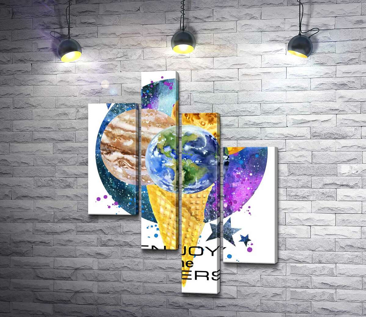 модульная картина Рожок мороженого с планетами и надписью "enjoy the universe" (Модуль №21)