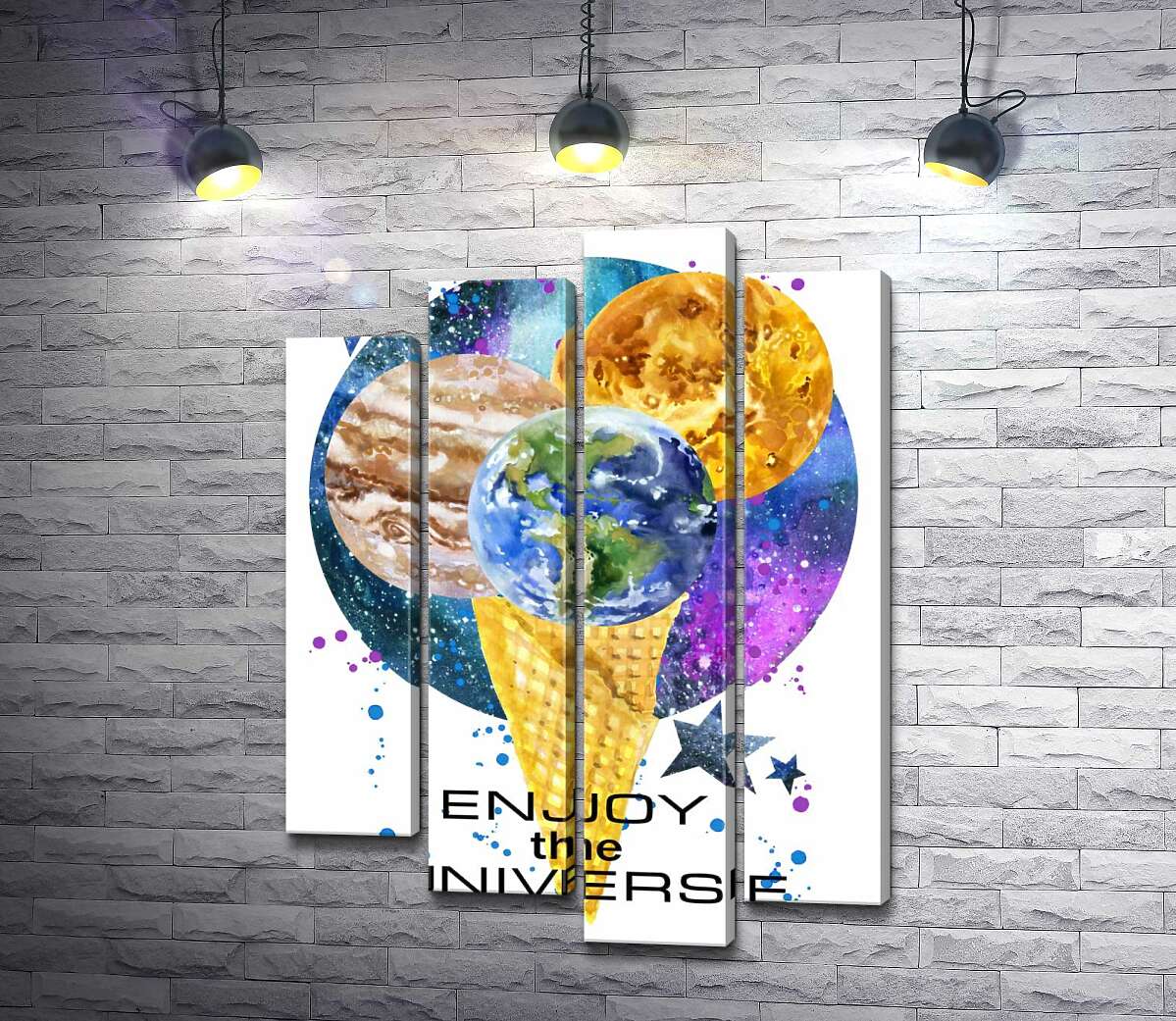 модульная картина Рожок мороженого с планетами и надписью "enjoy the universe" (Модуль №3)