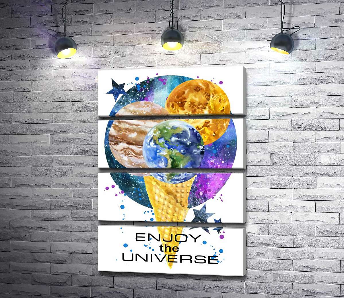 модульна картина Ріжок морозива з планетами та написом "enjoy the universe" (Модуль №22)