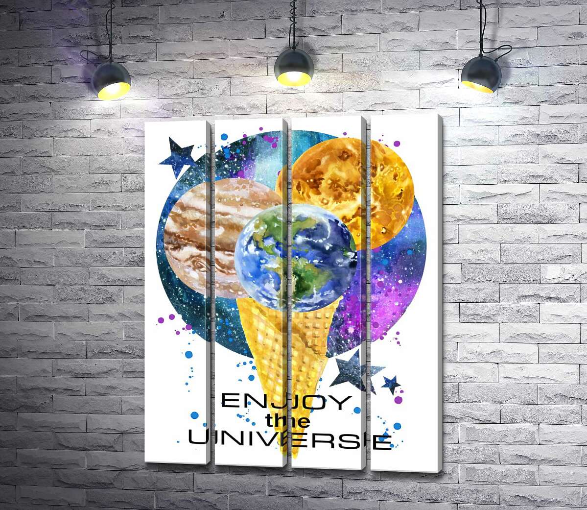 модульна картина Ріжок морозива з планетами та написом "enjoy the universe" (Модуль №24)