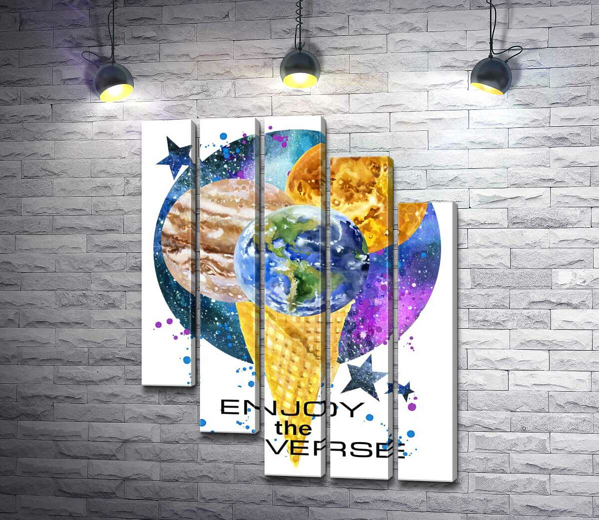 модульна картина Ріжок морозива з планетами та написом "enjoy the universe" (Модуль №28)
