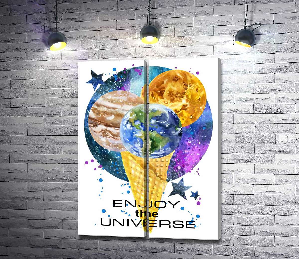 модульная картина Рожок мороженого с планетами и надписью "enjoy the universe"