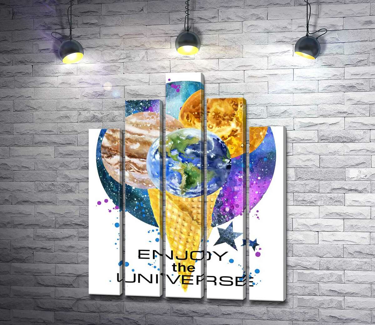 модульна картина Ріжок морозива з планетами та написом "enjoy the universe" (Модуль №29)