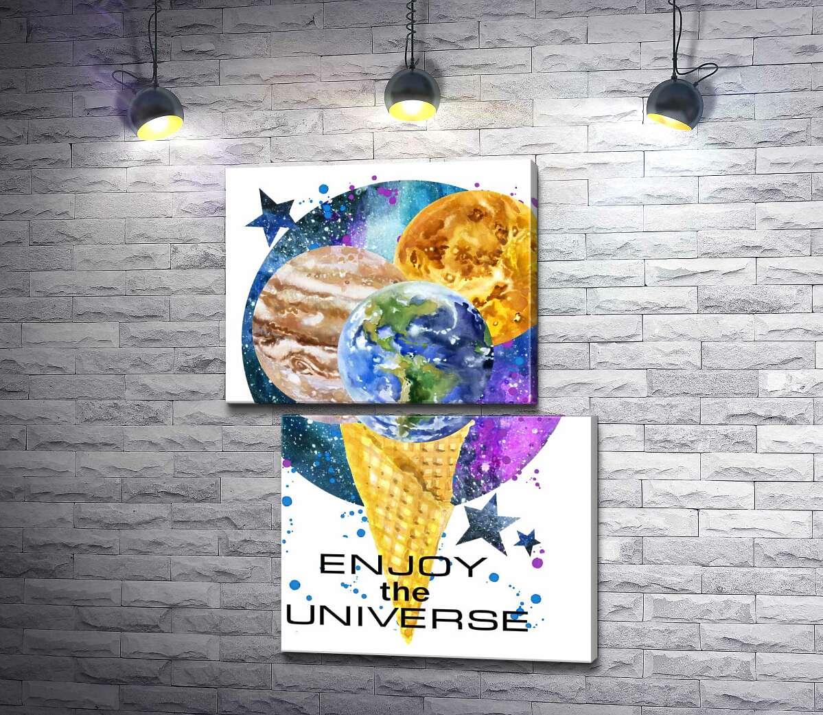 модульная картина Рожок мороженого с планетами и надписью "enjoy the universe" (Модуль №8)