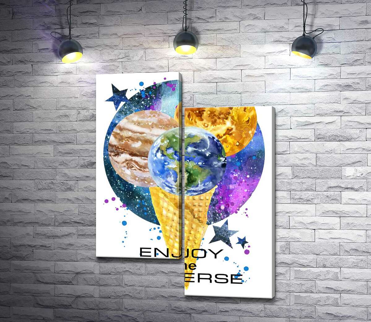 модульна картина Ріжок морозива з планетами та написом "enjoy the universe" (Модуль №9)