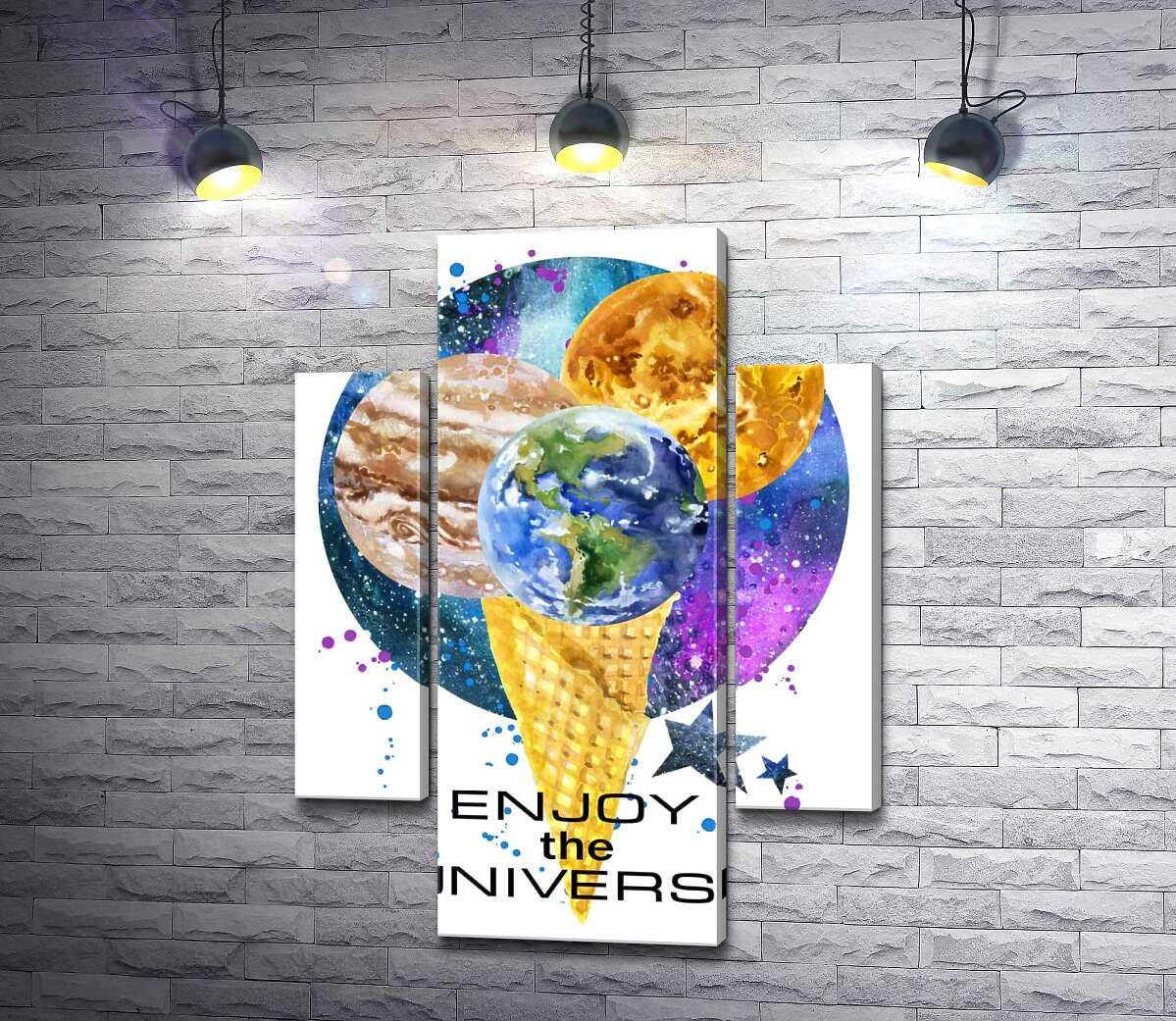 модульна картина Ріжок морозива з планетами та написом "enjoy the universe" (Модуль №5)