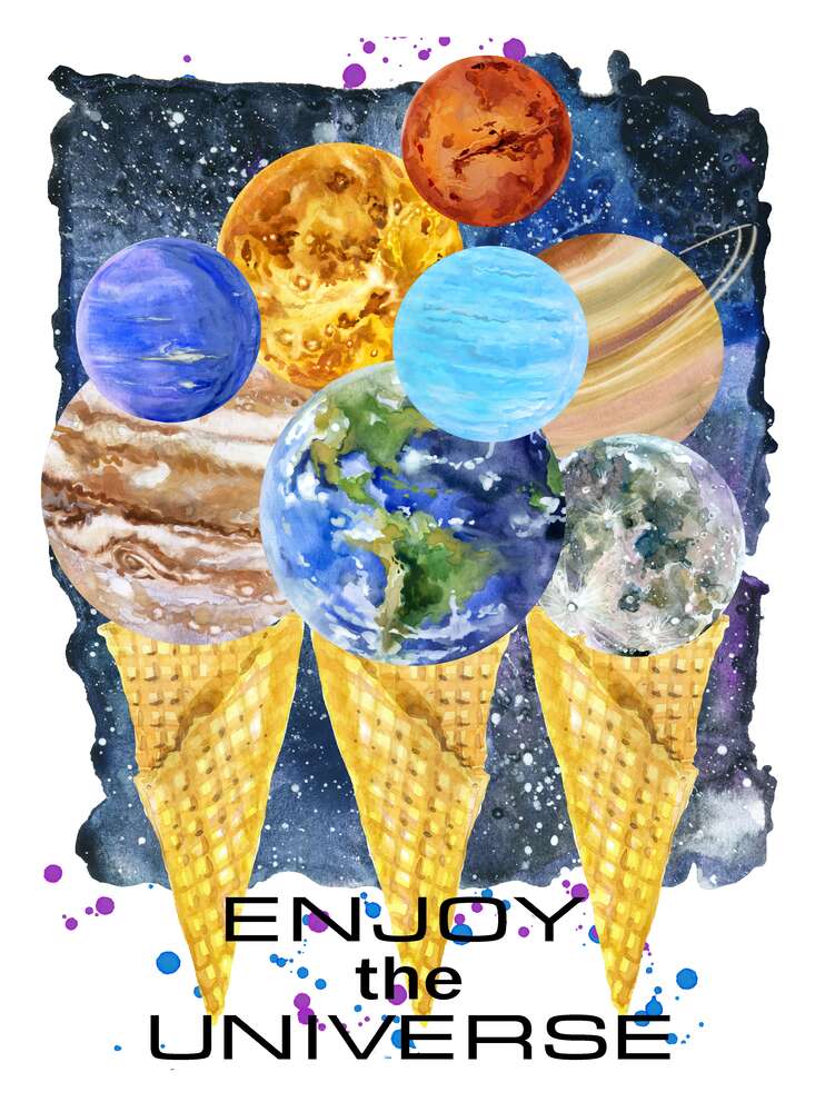 картина-постер Планети Сонячної системи зібрались на ріжках морозива з написом "enjoy the universe"
