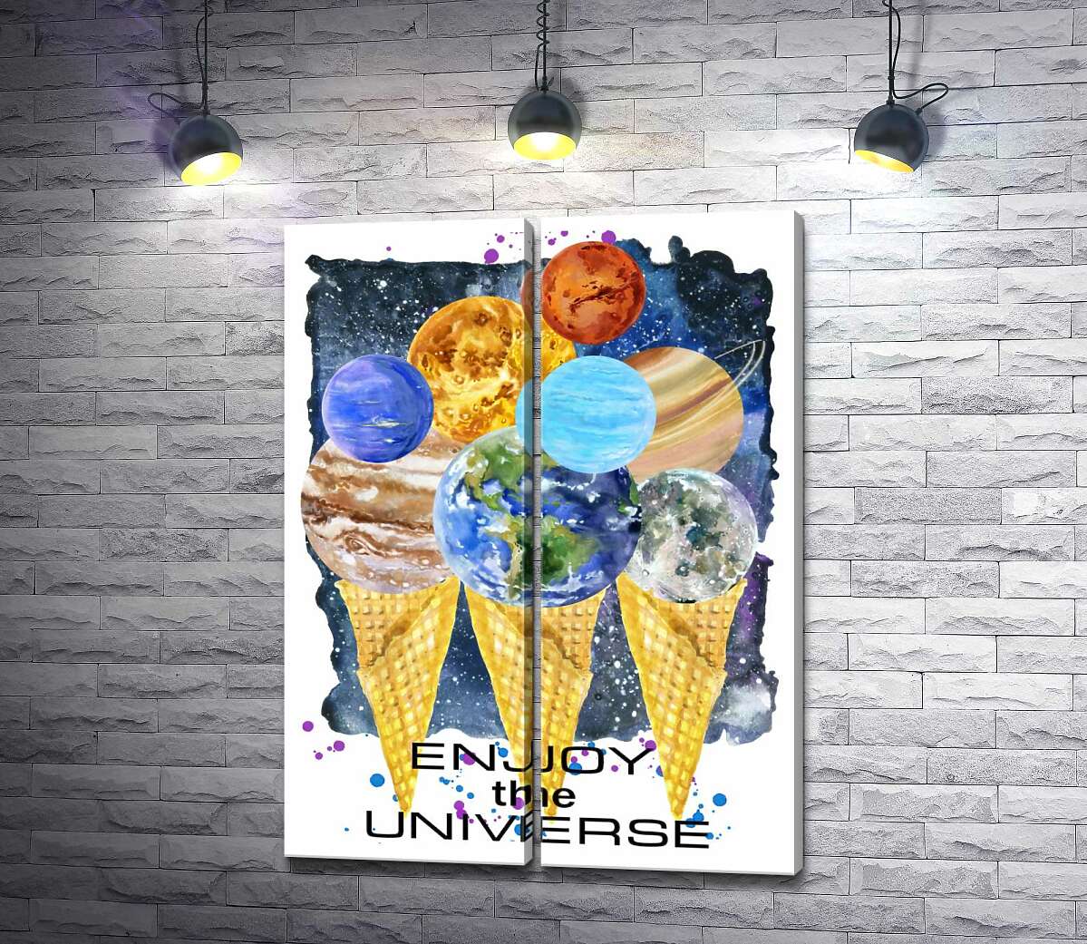 модульна картина Планети Сонячної системи зібрались на ріжках морозива з написом "enjoy the universe"