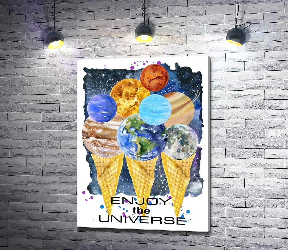 картина Планети Сонячної системи зібрались на ріжках морозива з написом "enjoy the universe"