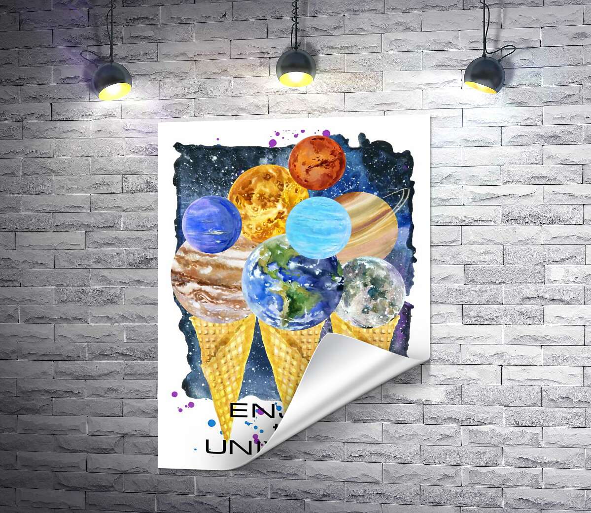 печать Планеты Солнечной системы собрались на рожках мороженого с надписью "enjoy the universe"