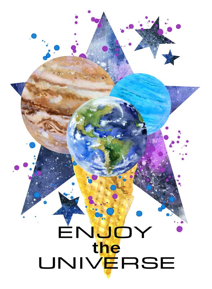 картина-постер Три планеты в рожке мороженого на космическом фоне с надписью "enjoy the universe"