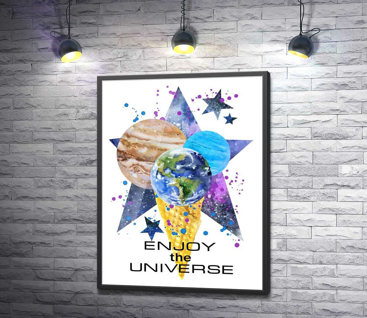 постер Три планеты в рожке мороженого на космическом фоне с надписью "enjoy the universe"