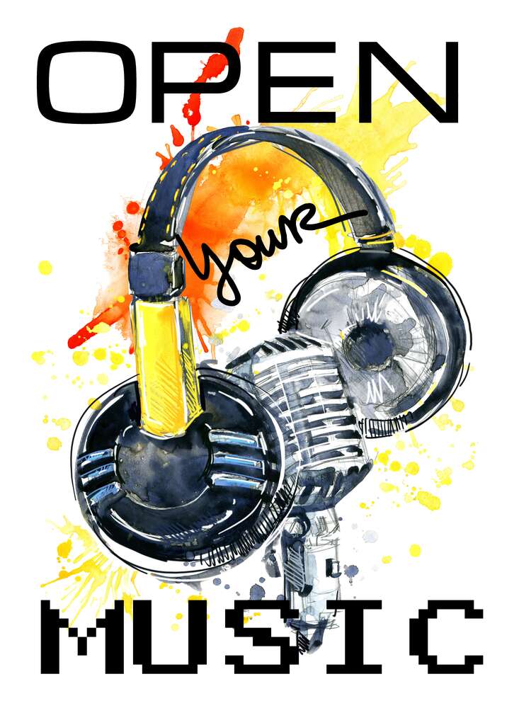 картина-постер Наушники и микрофон на оранжевом фоне с надписью "open your music"