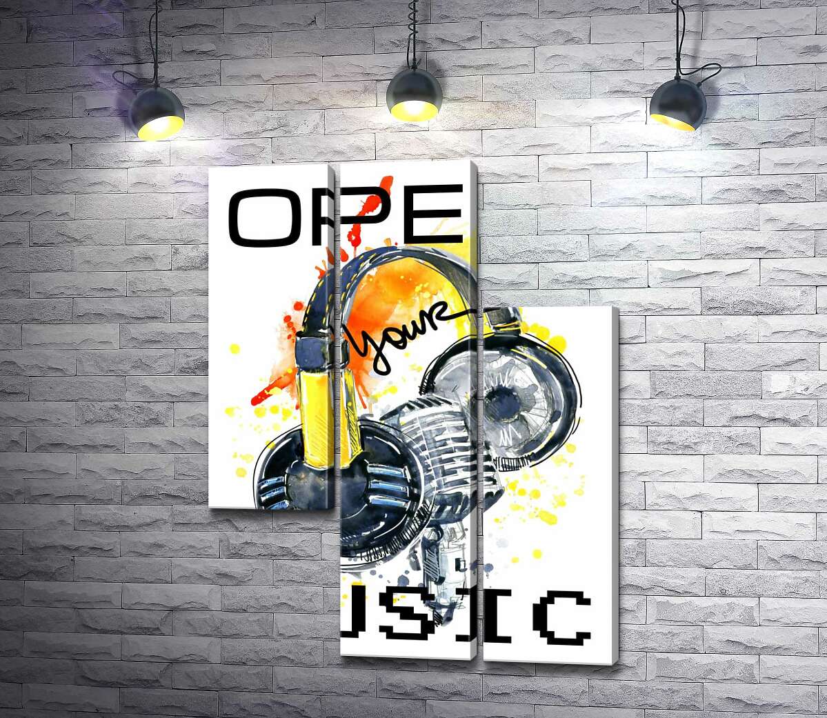 модульная картина Наушники и микрофон на оранжевом фоне с надписью "open your music" (Модуль №13)