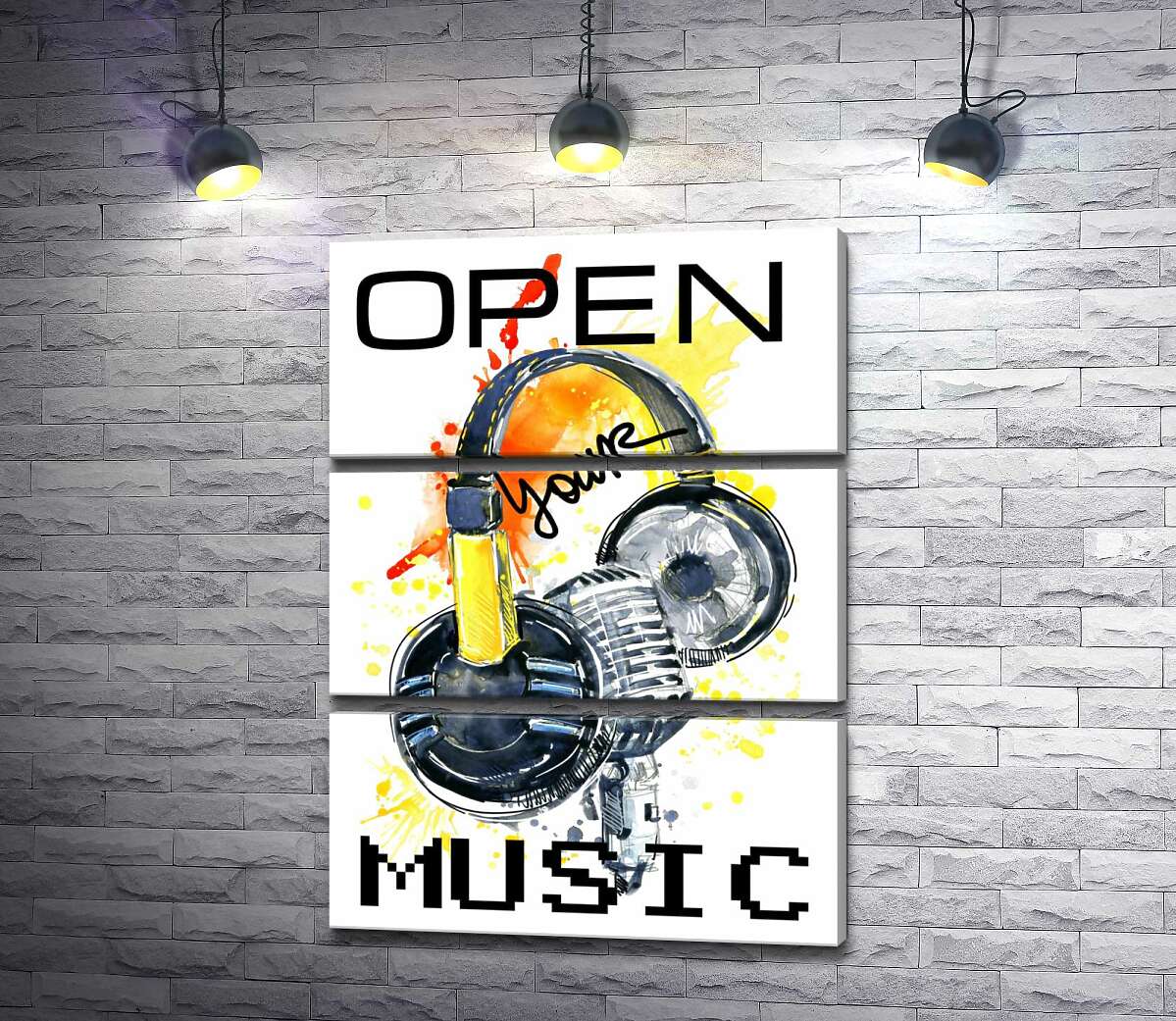 модульная картина Наушники и микрофон на оранжевом фоне с надписью "open your music" (Модуль №15)