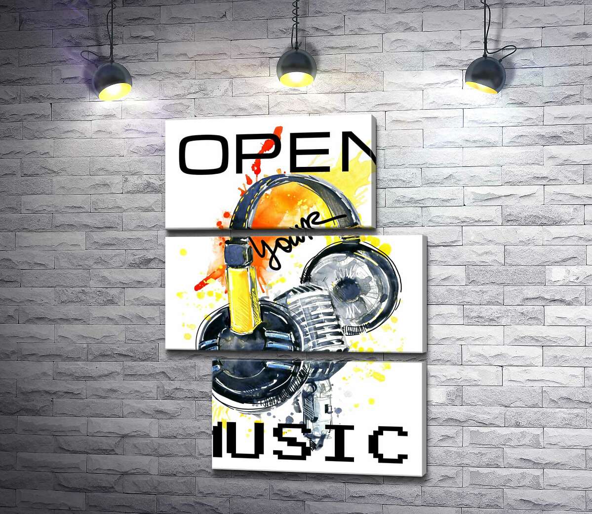 модульна картина Навушники та мікрофон на помаранчевому фоні з написом "open your music" (Модуль №16)