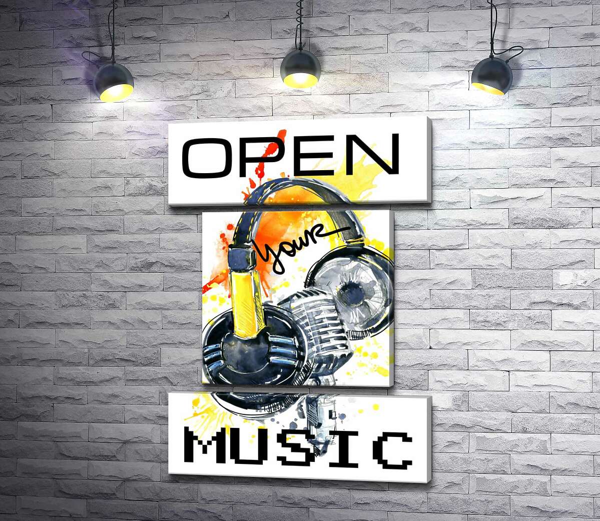 модульна картина Навушники та мікрофон на помаранчевому фоні з написом "open your music" (Модуль №18)