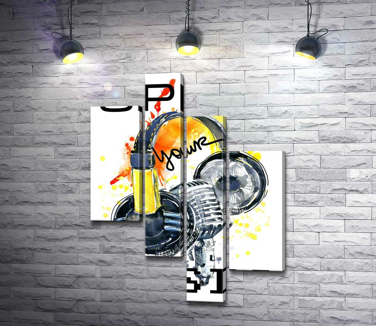 модульна картина Навушники та мікрофон на помаранчевому фоні з написом "open your music" (Модуль №21)