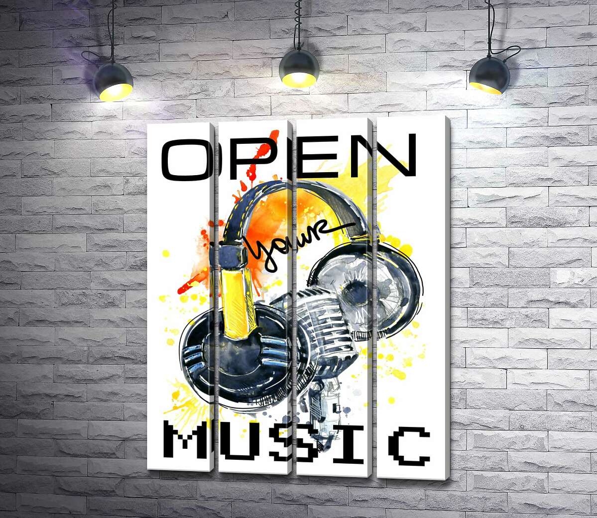 модульная картина Наушники и микрофон на оранжевом фоне с надписью "open your music" (Модуль №24)