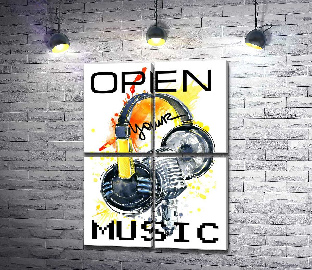 модульная картина Наушники и микрофон на оранжевом фоне с надписью "open your music" (Модуль №25)